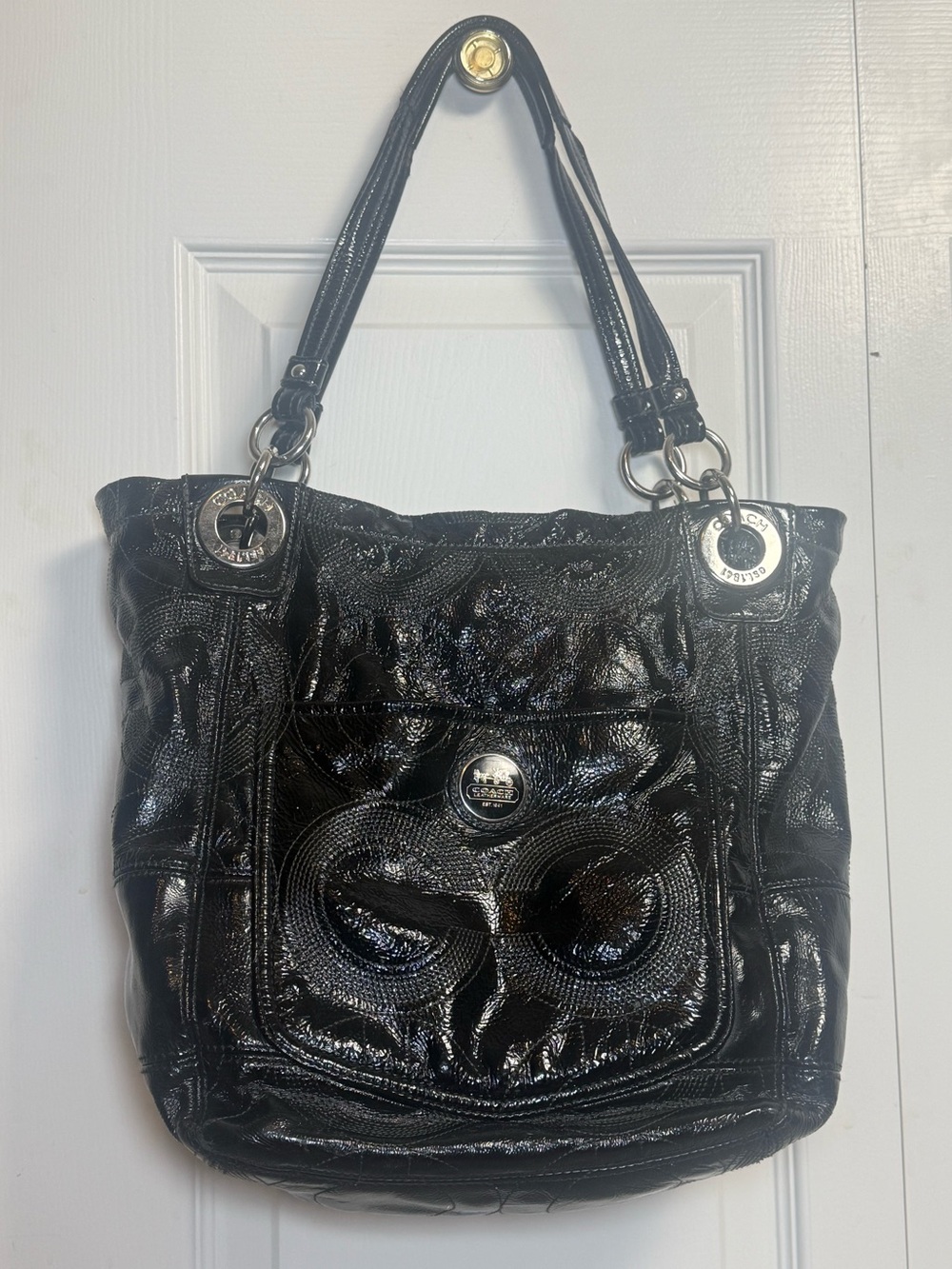 Coach Black Patent Leather Signature C Tote Shoulder Bag Silver Hardware Zip Top